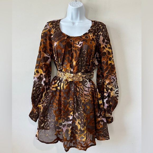 Multi-Color Laser Cut Leopard Print Pleated Blouse w Balloon Sleeves Size 04 - Picture 7 of 10
